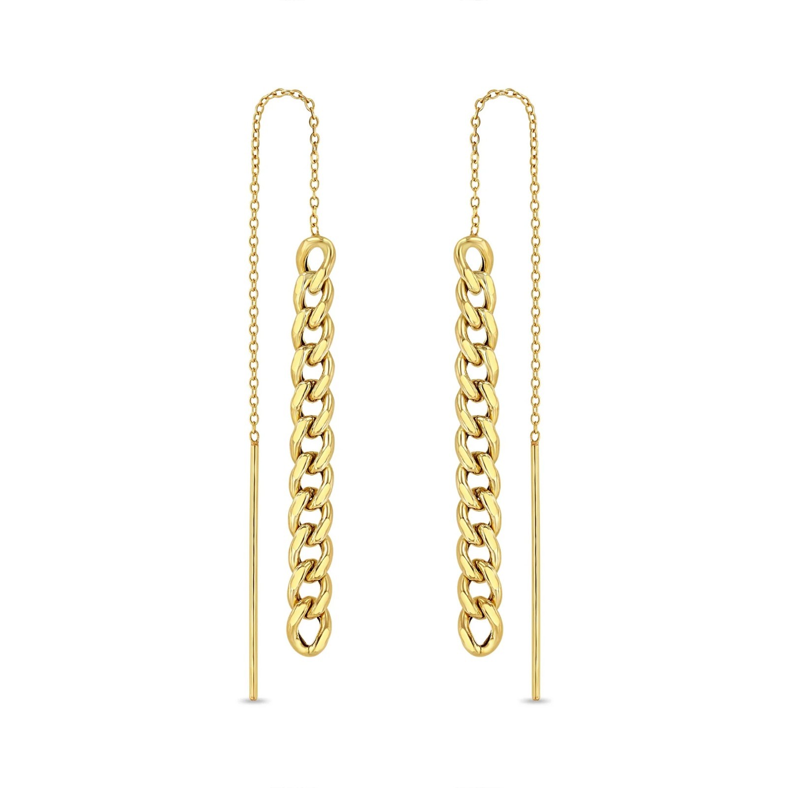 14K Solid Yellow Gold Curb Chain Threader Earrings Long Dangle Drop Bar Minimal
