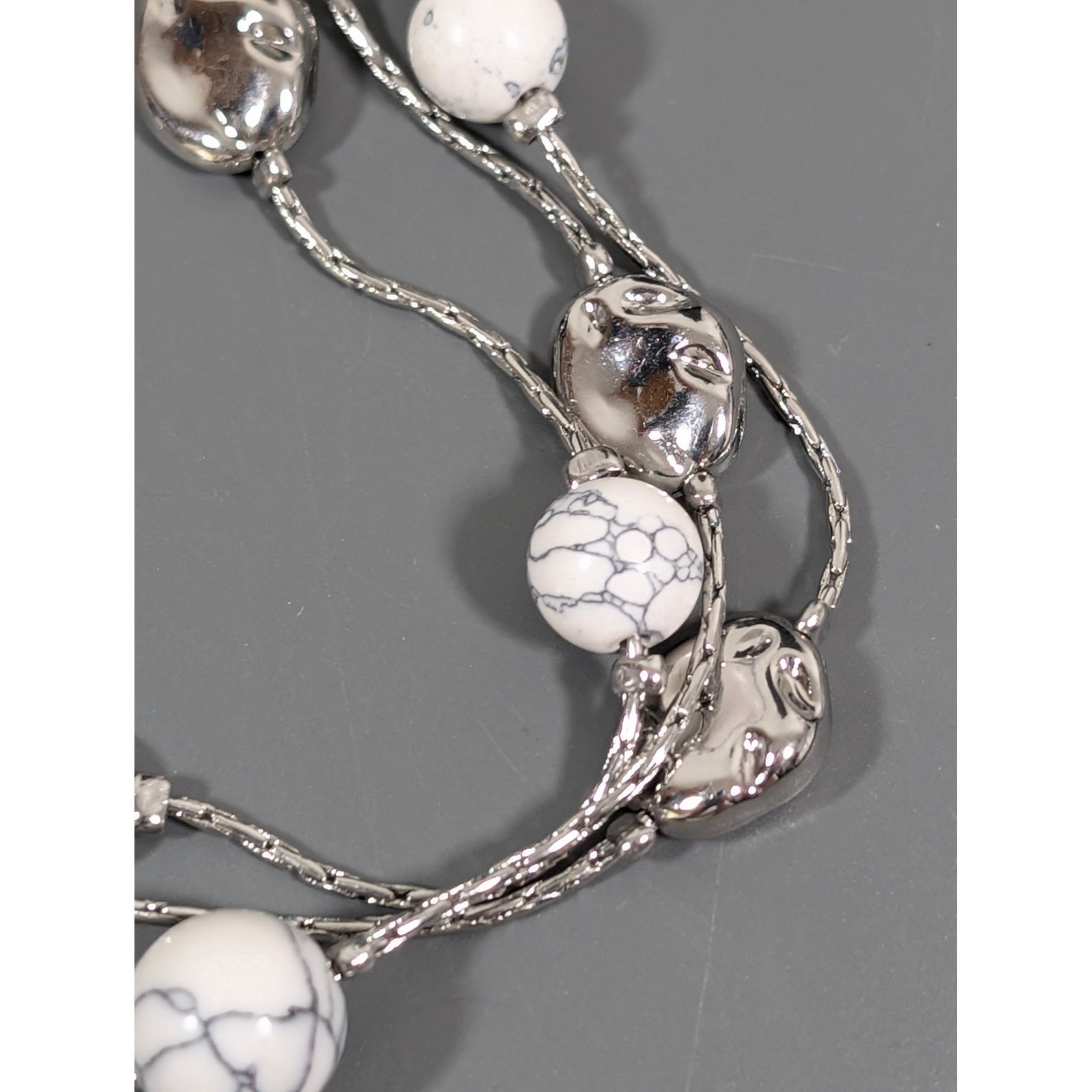 Silver Tone Multi Chain Marble Stone Station Necklace Layered 22.5in