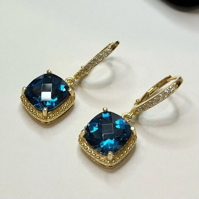 3.20Ct Cushion Lab Created London Blue Topaz Drop/Dangle 14K Yellow Gold Plated