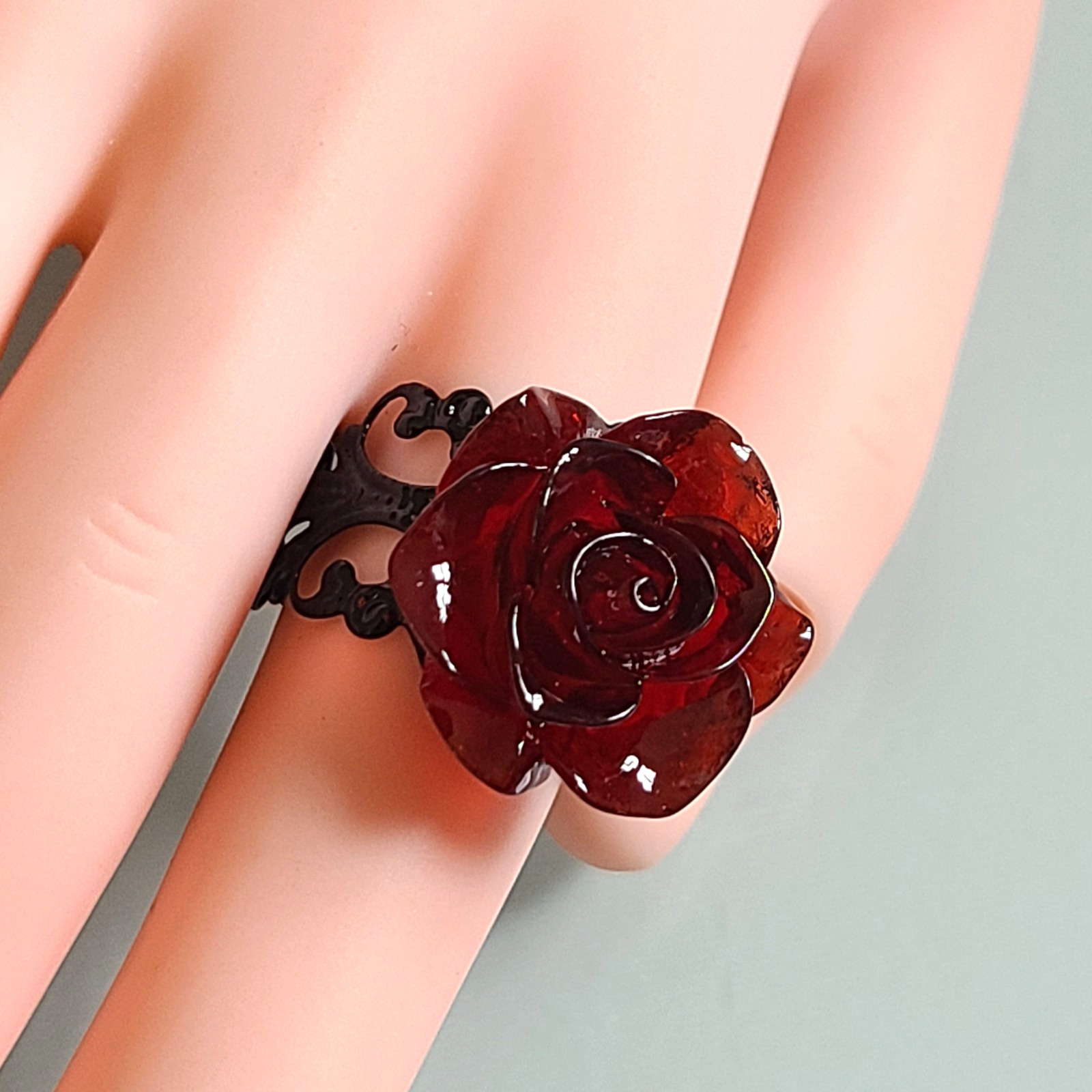 Deep Red Resin 3D Rose Ring • Black Metal Filigree Adjustable Band Gothic Style