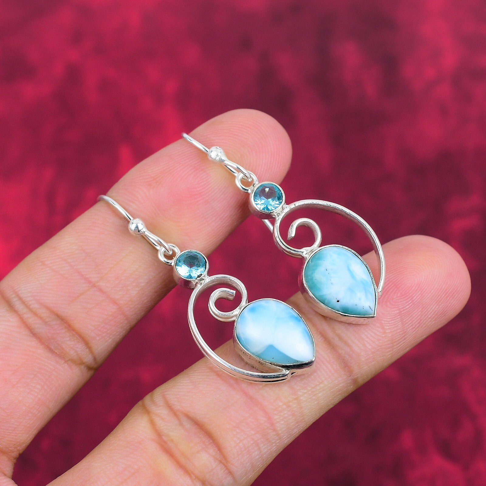 Larimar, Blue Topaz Gemstone Handmade 925 Silver Earrings Jewelry