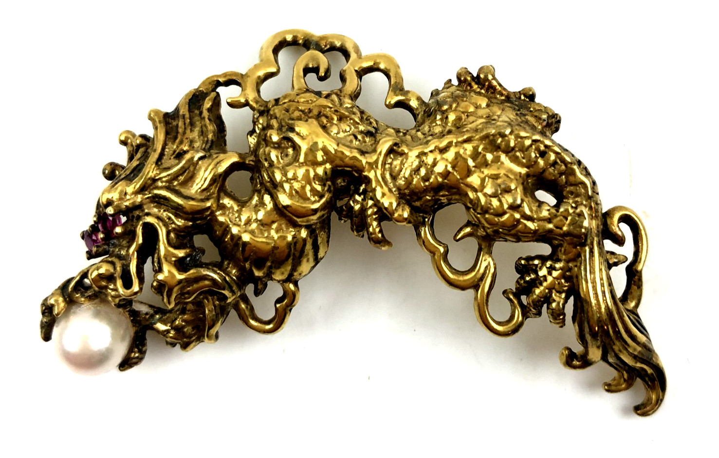 Vtg Antique Mark EN 87 Sterling Silver Gold Chinese Dragon Ruby Yes Brooch Pin