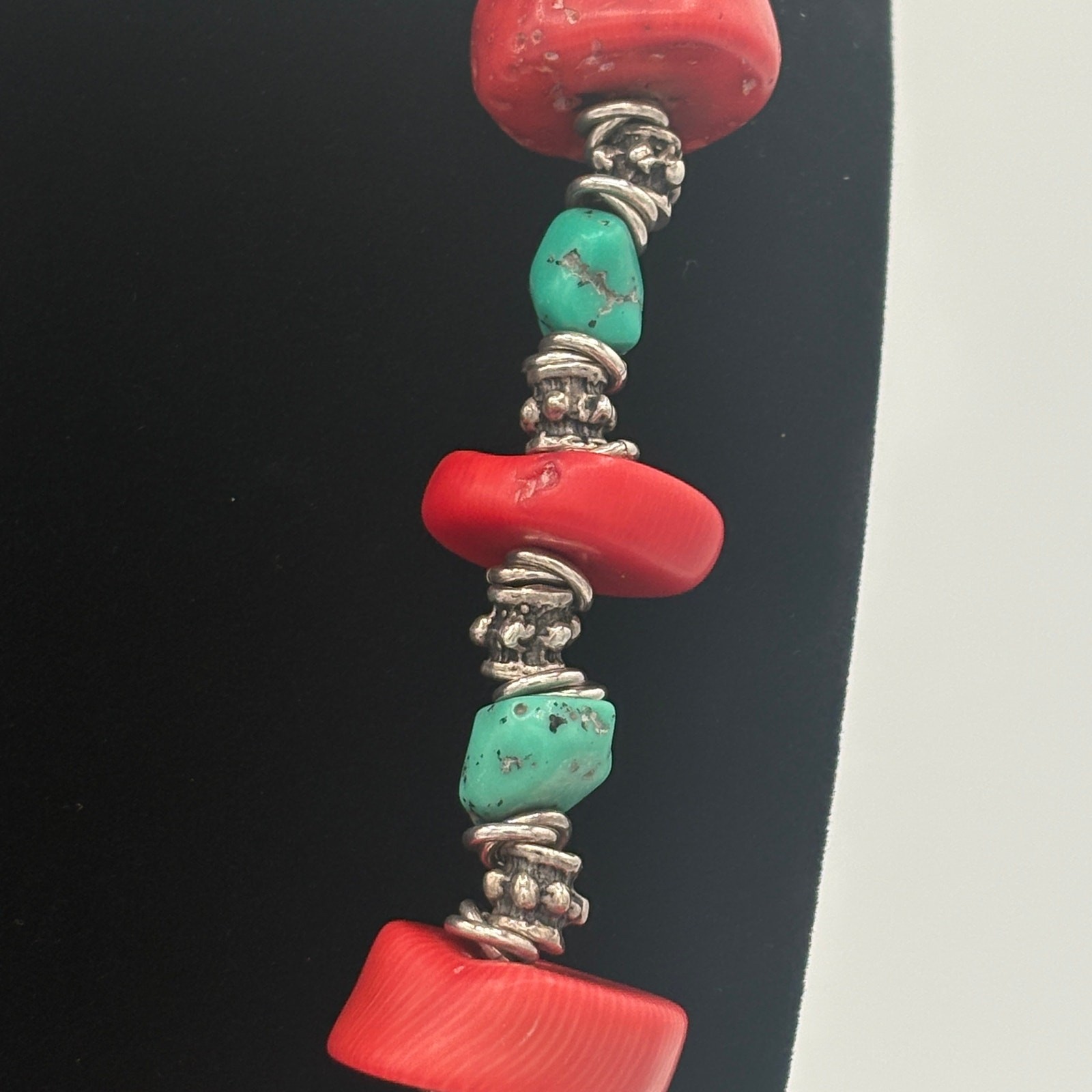 Artisan Bamboo Coral & Composite Turquoise Necklace with Sterling Silver Accents