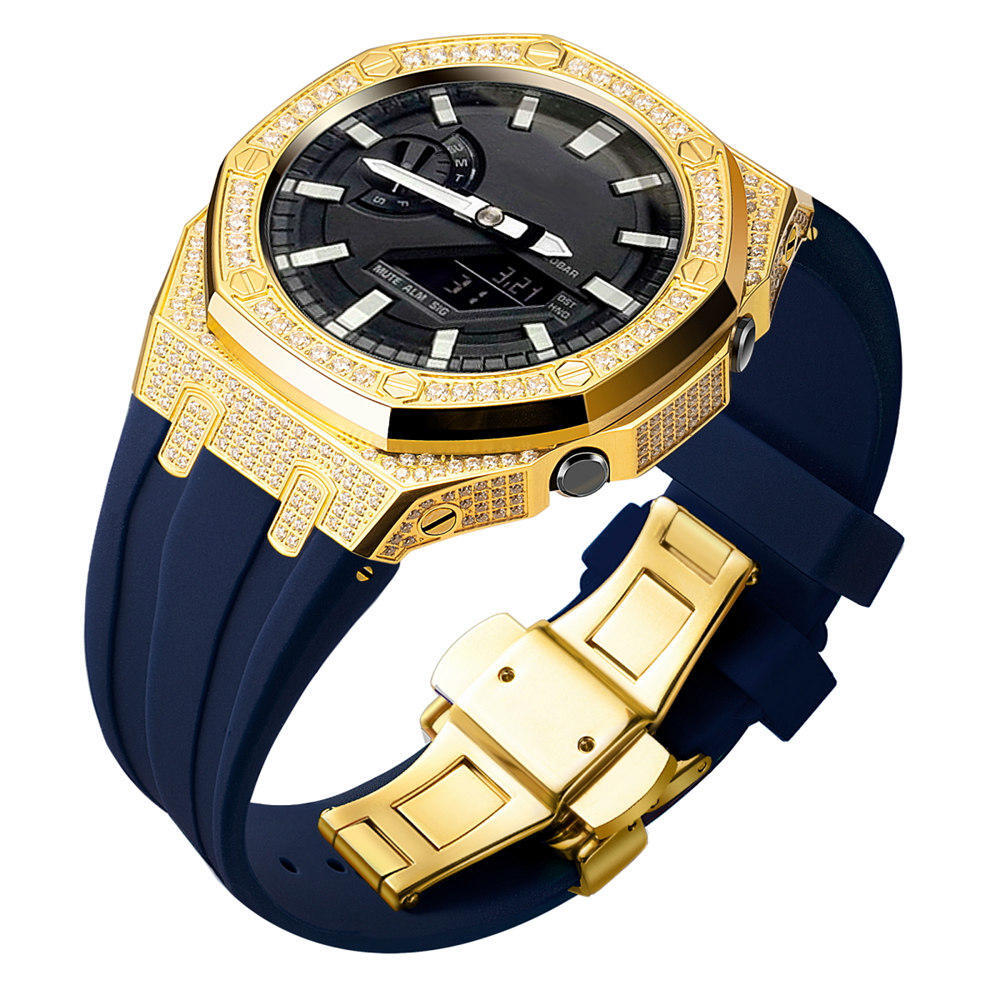 Bling Diamond Stainless Steel Case + Rubber Strap AP MOD KIT for G-SHOCK GA-2100