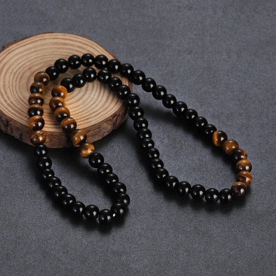 Men’s Black Obsidian & Tiger Eye Stone Beaded Necklace 24″ Natural Stone Jewelry