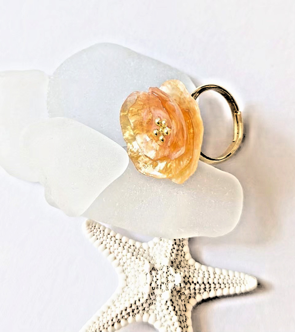 Handmade Orange Shell Flower Ring Adjustable Boho Statement Jewelry Gold Plated