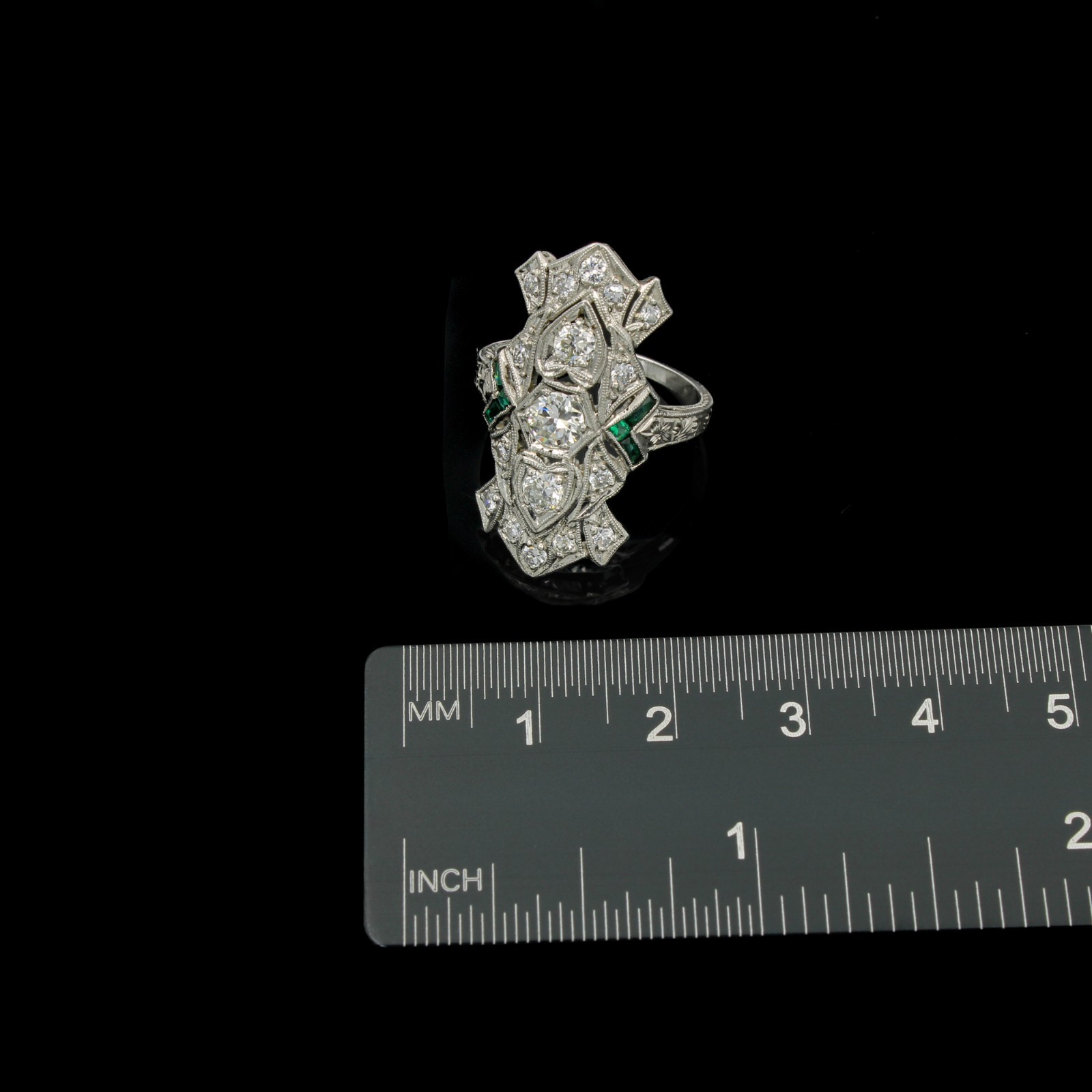 Platinum Die Struck Diamond Imitation Emerald Calibre Cut Accent Ring#E63439-1
