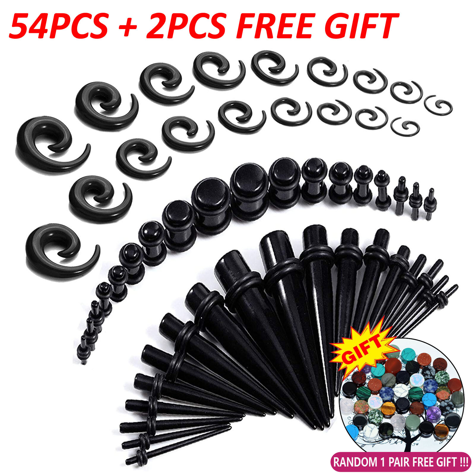 54PC Ear Stretching Starter Kit 14G-00G Acrylic Spiral Taper Tunnels Gauge Plugs