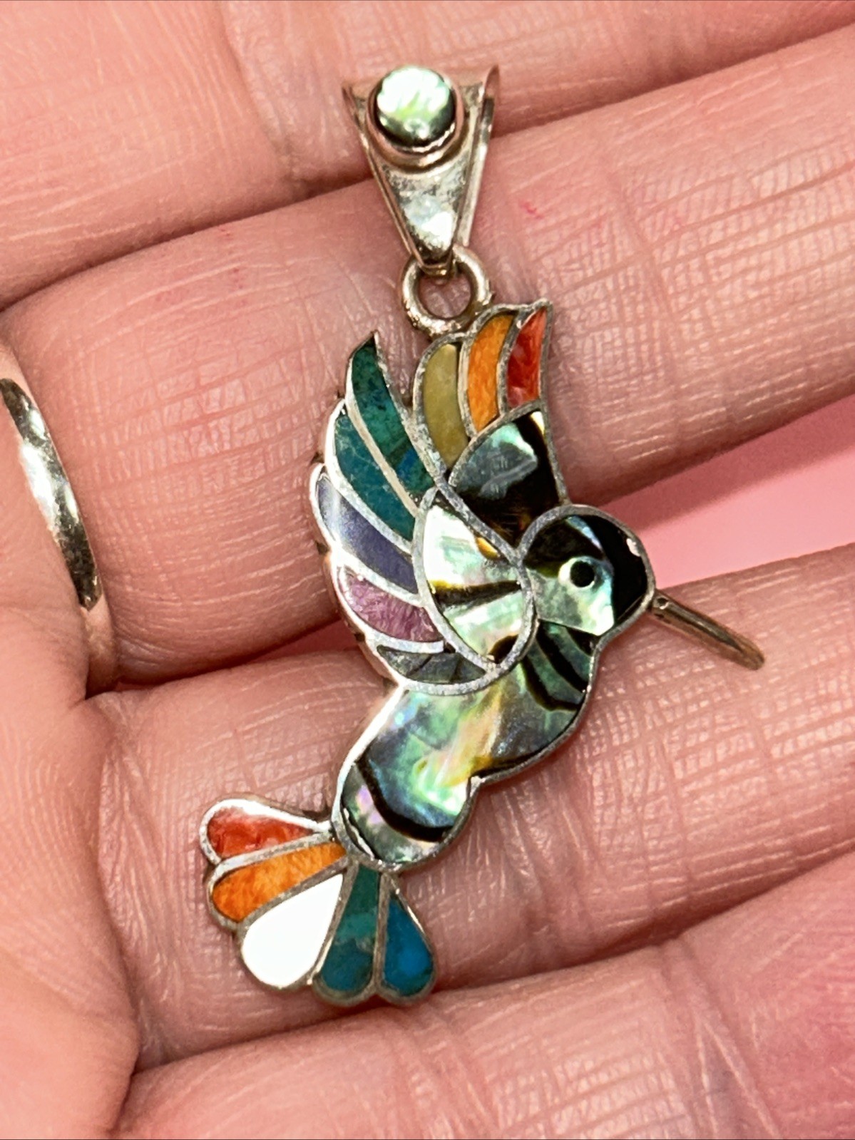 950 Silver Handmade Inlay Hummingbird Abalone Pendant From Peru 1.75”