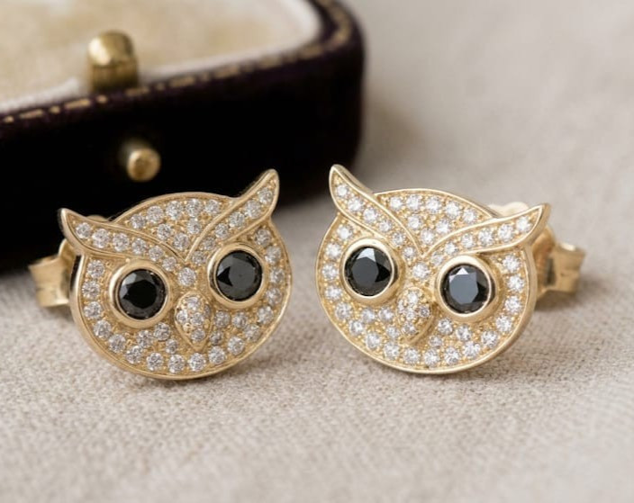 2ct Round simulated Black Diamond Owl Face Stud Earrings 14k Yellow Gold Plated