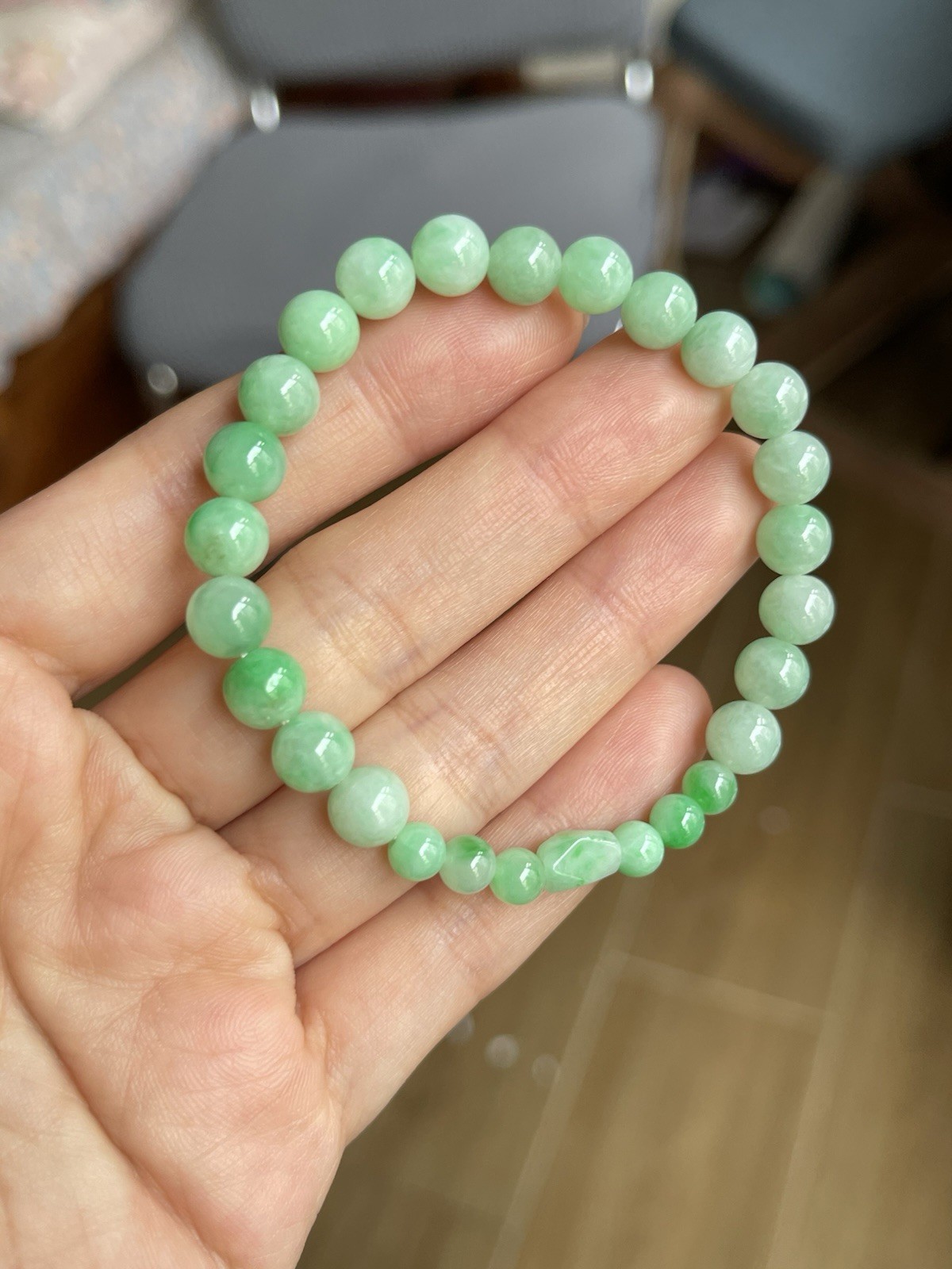 Natural Type A Burmese Jadeite Bracelet 15cm Apple Green 7.4-7.6mm Round Beads