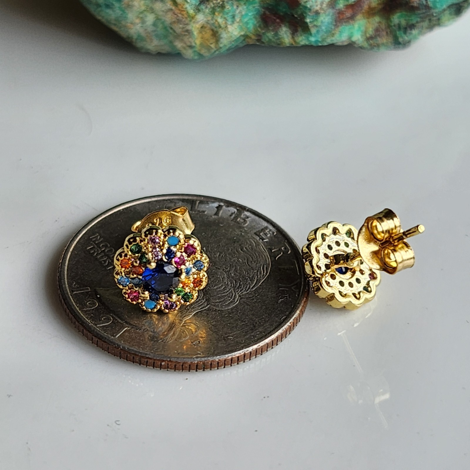 925 Sterling Silver Multi-Color Sapphire Stud 8.5mm Earrings Yellow Gold-plated