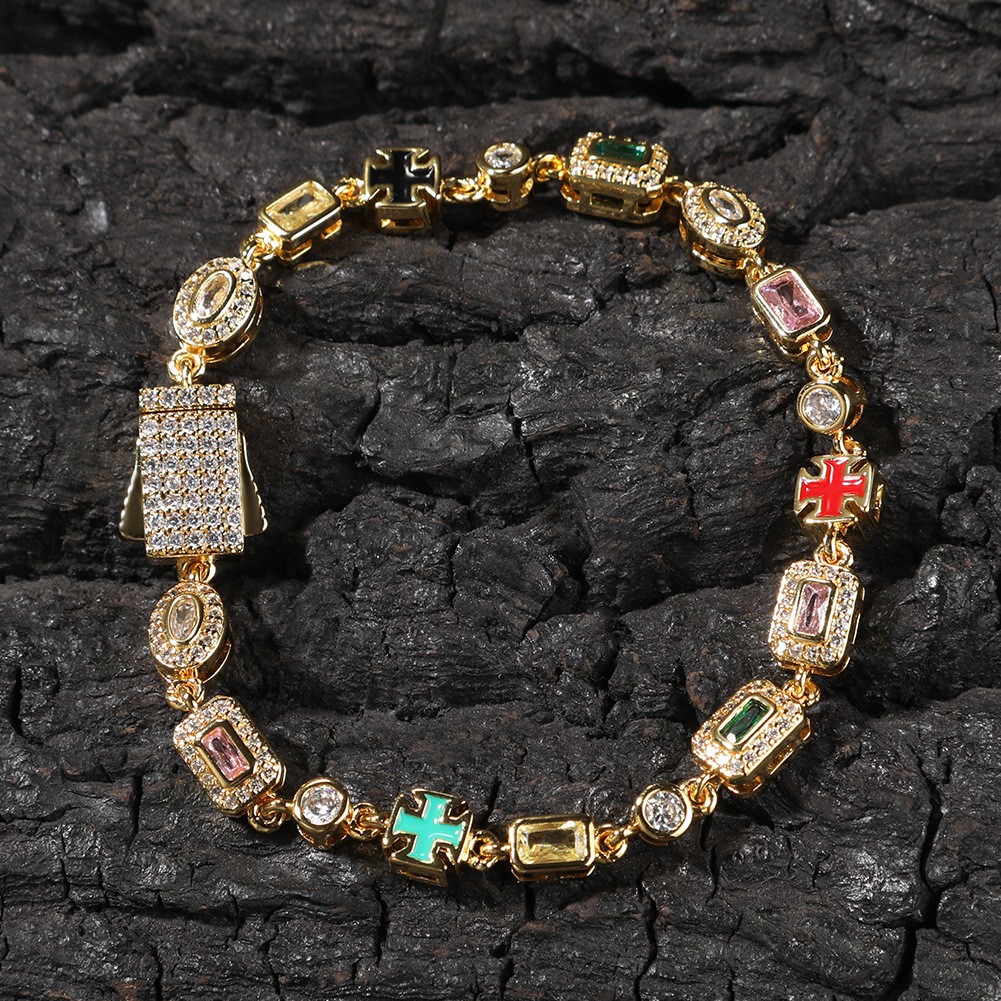 Iced Out Multi Color Gem Cross Link Chain Gold Hip Hop Unisex Statement Necklace