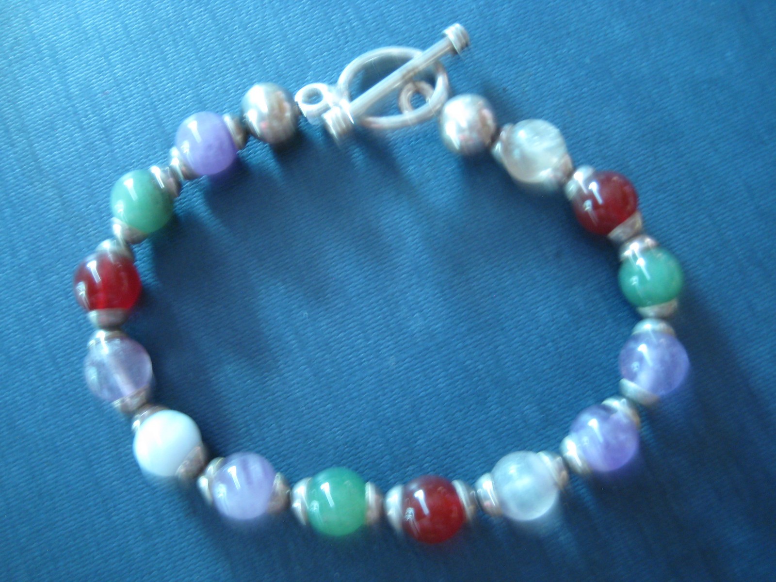 Sterling Silver Multi Bead Gemstone Toggle Clasp Bracelet 7.5″ (C9)