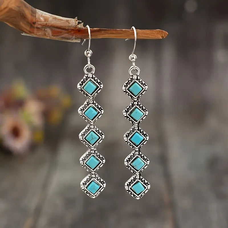 Elegant 925 Sterling Silver Vintage Tibetan Tibet Turquoise Dangle Hook Earrings