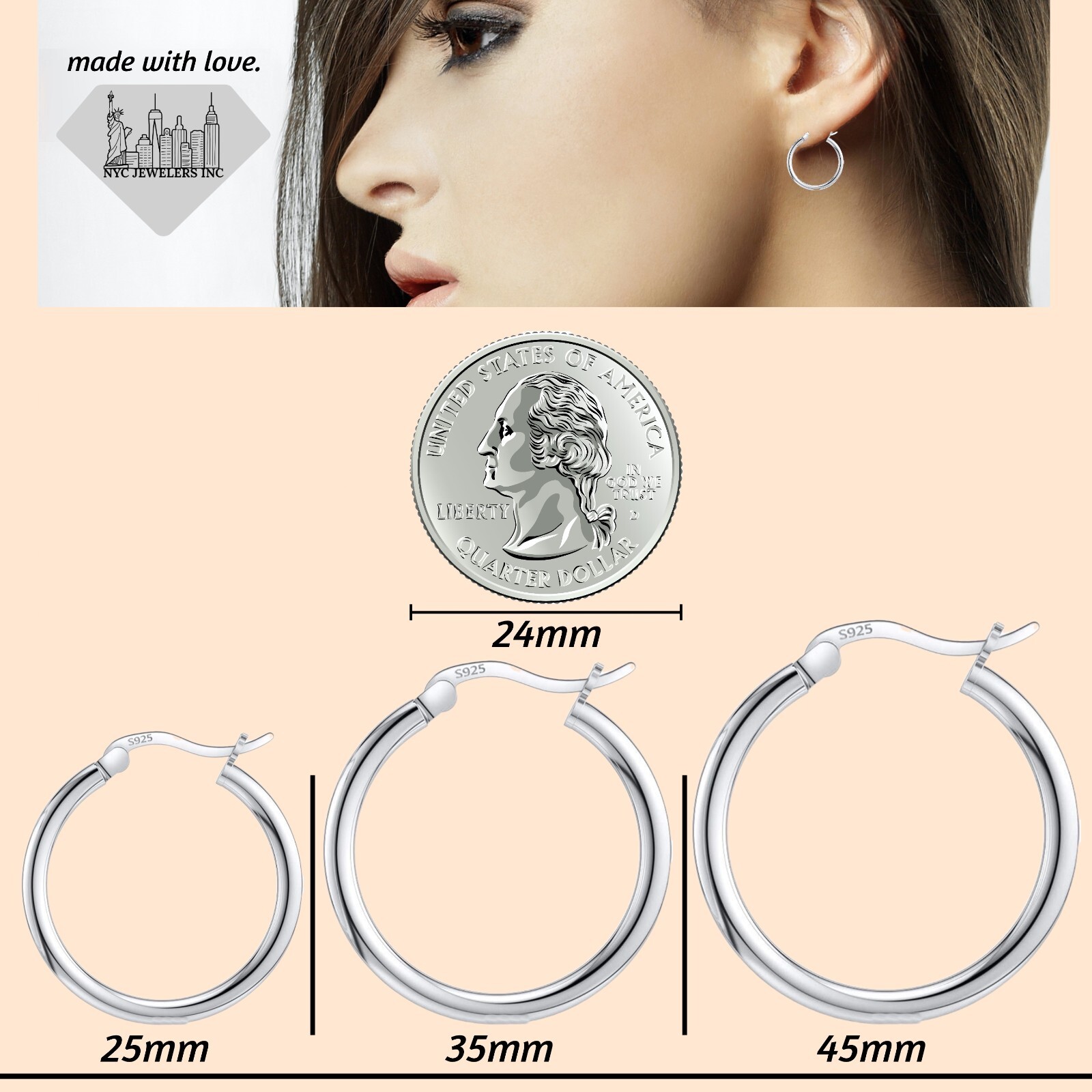 Sterling Silver Hoops Earrings 25mm 35mm 45mm 925 Silver Hoops