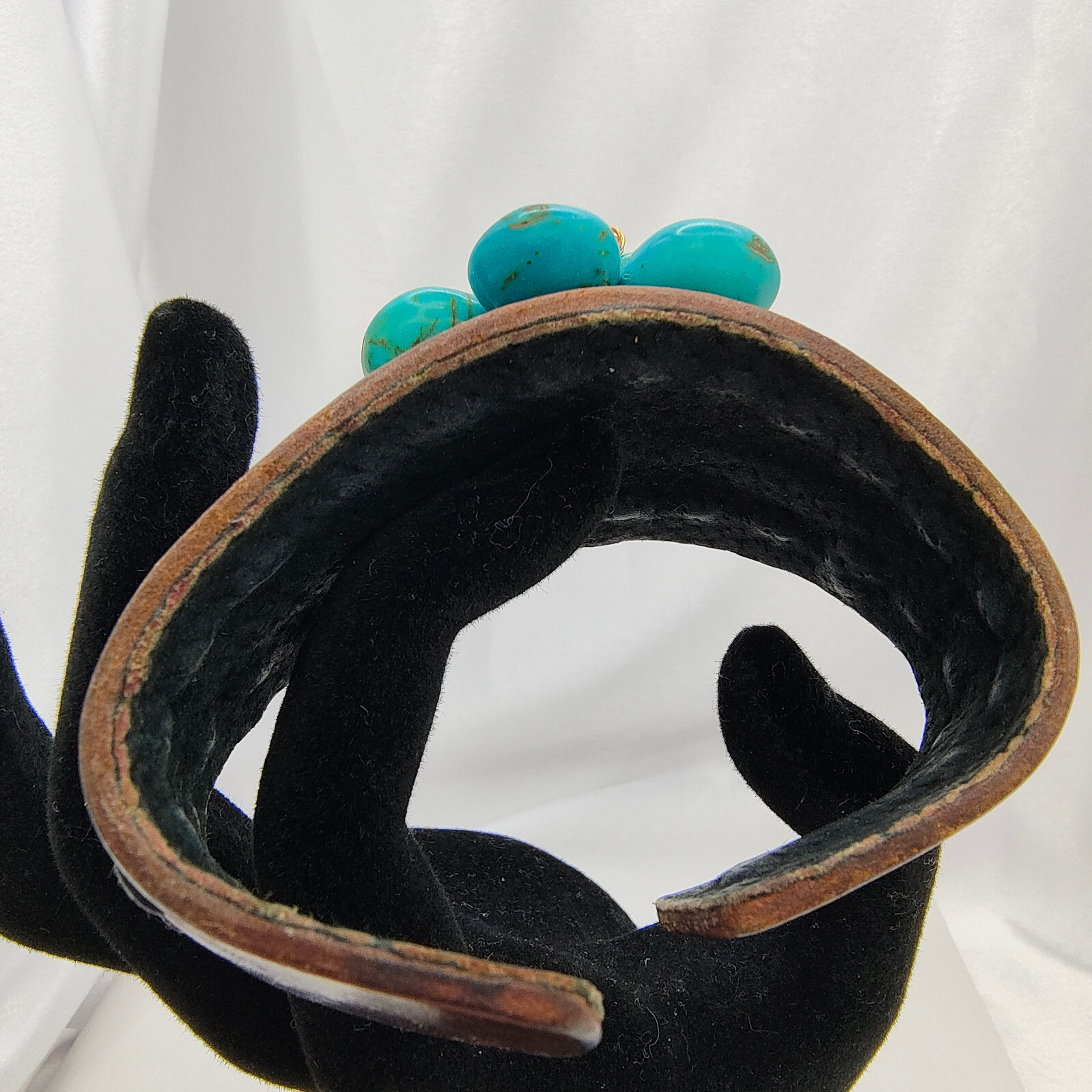 Leather Faux Turquoise Flower Cuff Bracelet Bohemian Ecclectic Statement