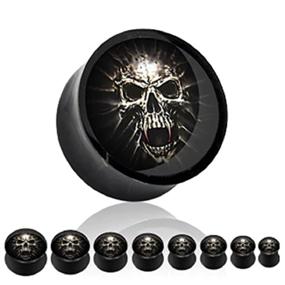Black Acrylic Saddle Plug with a Mummy Skull Picture Insert – Sold as a pair 0g