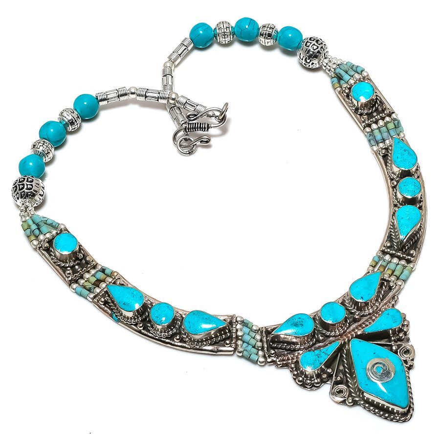 Turquoise Gemstone Necklace Tibetan Handmade Antique Nepali Jewelry 18″ NN 6759