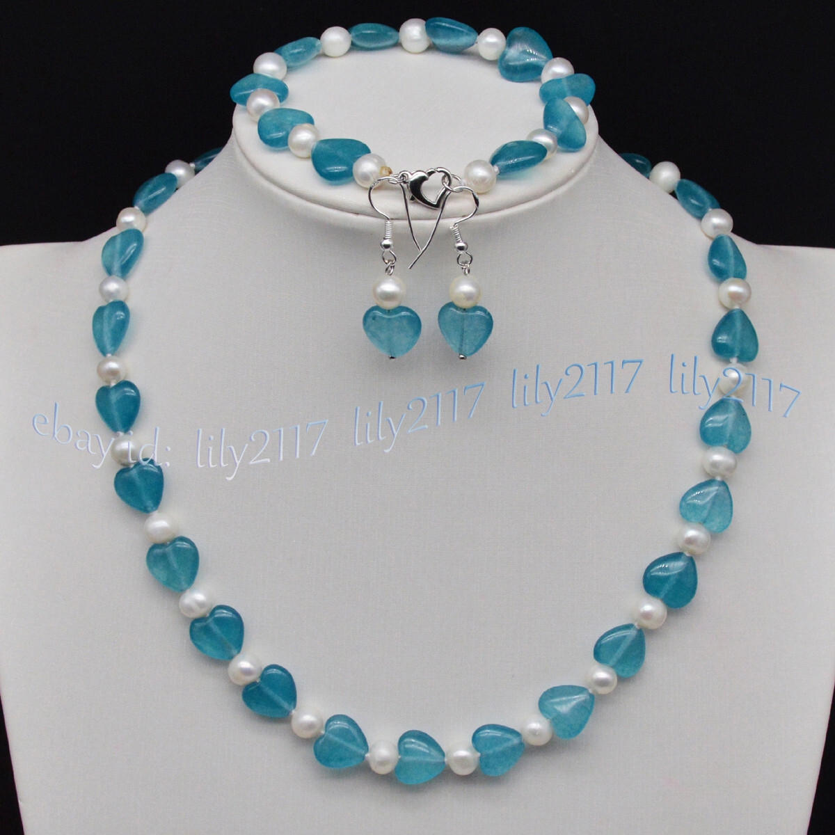 12mm Blue Aquamarine Heart Gems 7-8mm White Pearl Necklace Bracelet Earrings Set