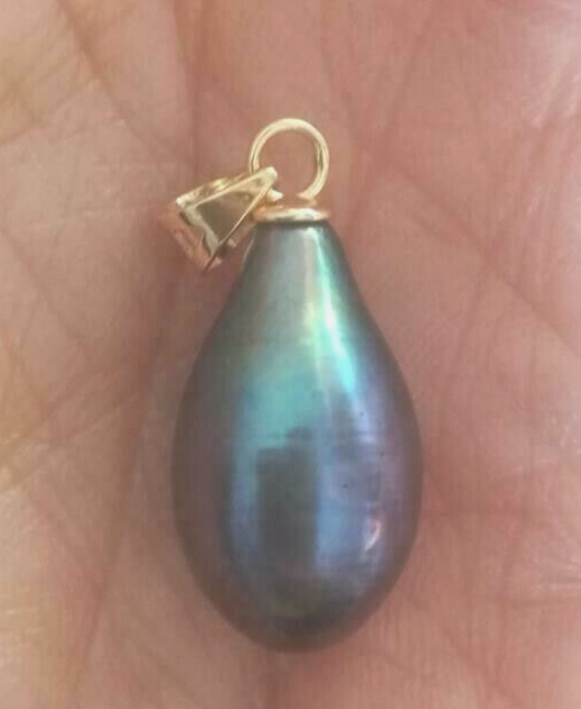 Huge AAA+ 10.5-16mm real natural south sea black green pearl pendant 14k gold