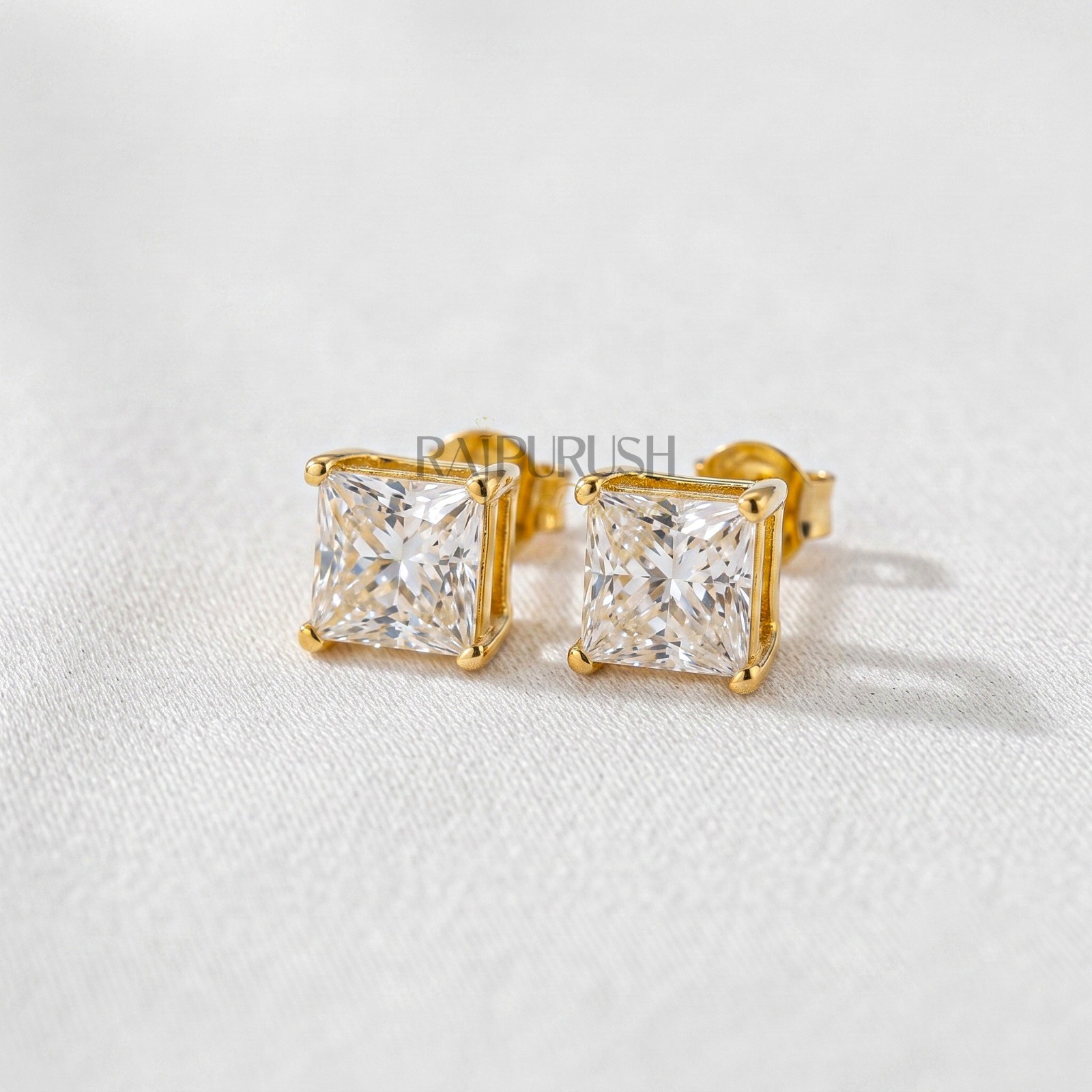 VVS1 Princess Cut Moissanite Solitaire Stud Earrings 14K Gold Plated 925 Silver