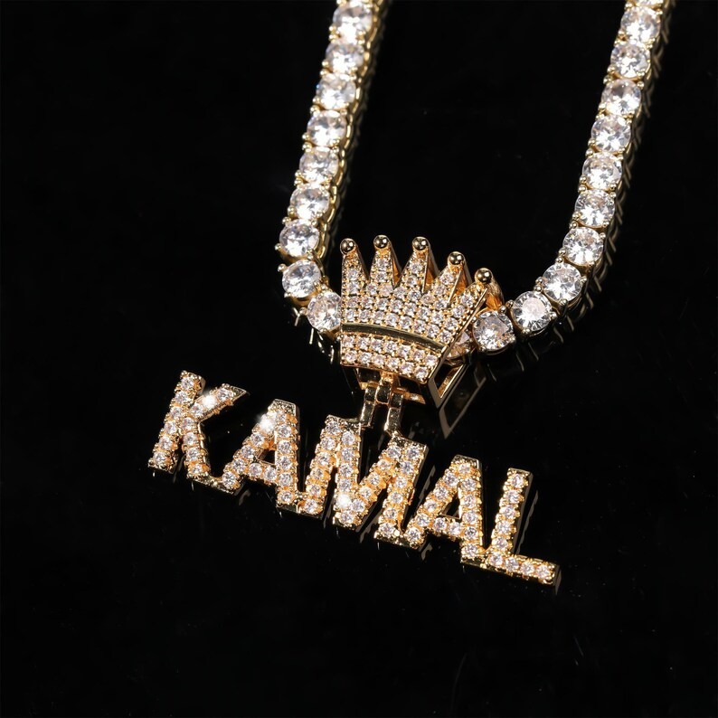 14K Yellow Gold Plated Personalized Letter King Pendant 3 Ct Simulated Diamond