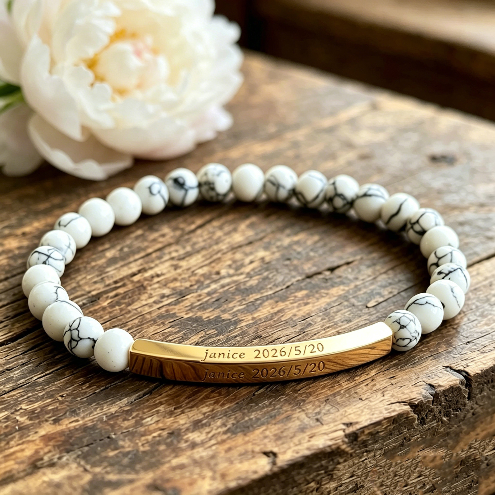 Custom Engraved Howlite Bracelet Personalized Name Date Custom Memorial Bracelet