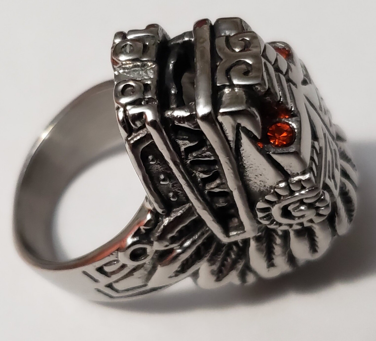 Aztec Mayan Chicano Biker Lowrider Quetzalcoatl Ring red jewel eyes Indigenous