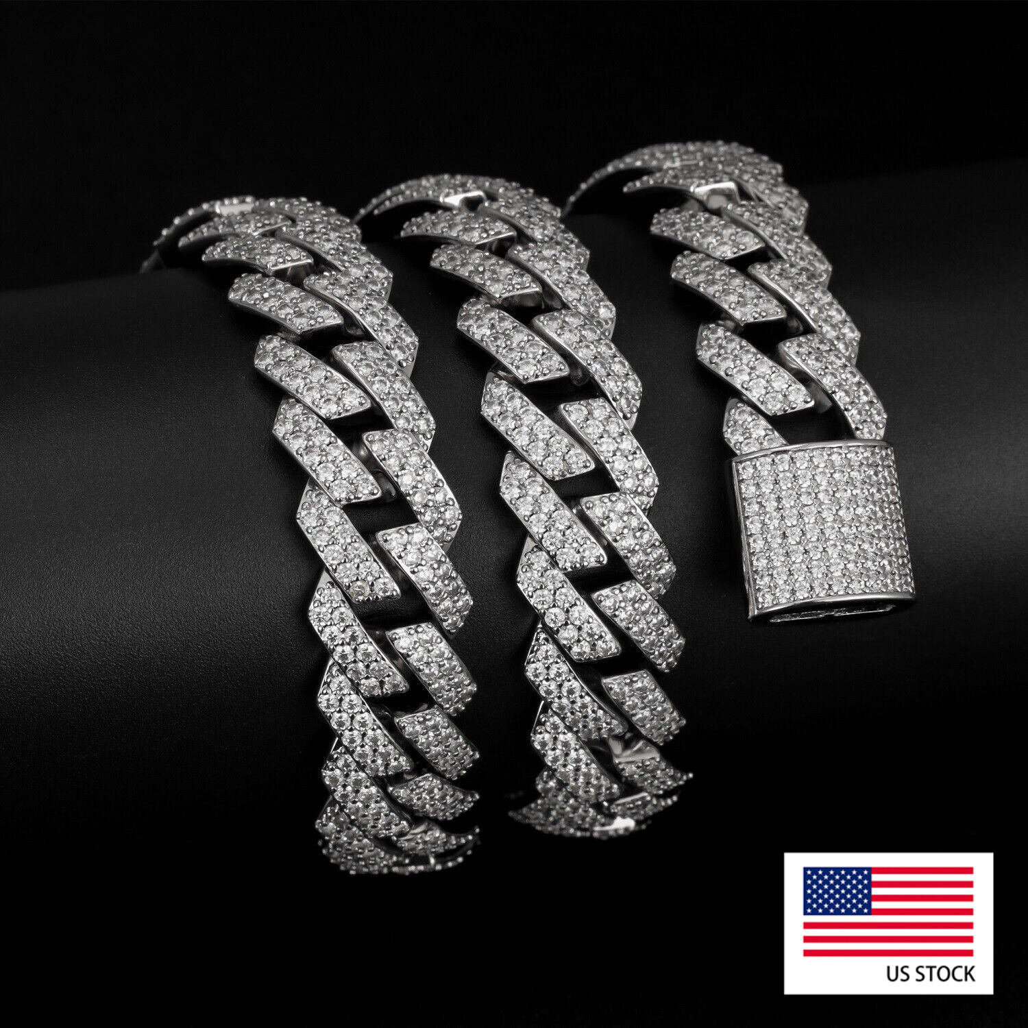 15MM New White Gold Miami Full Iced Out CZ Cuban Link Chain Stainless Steel US