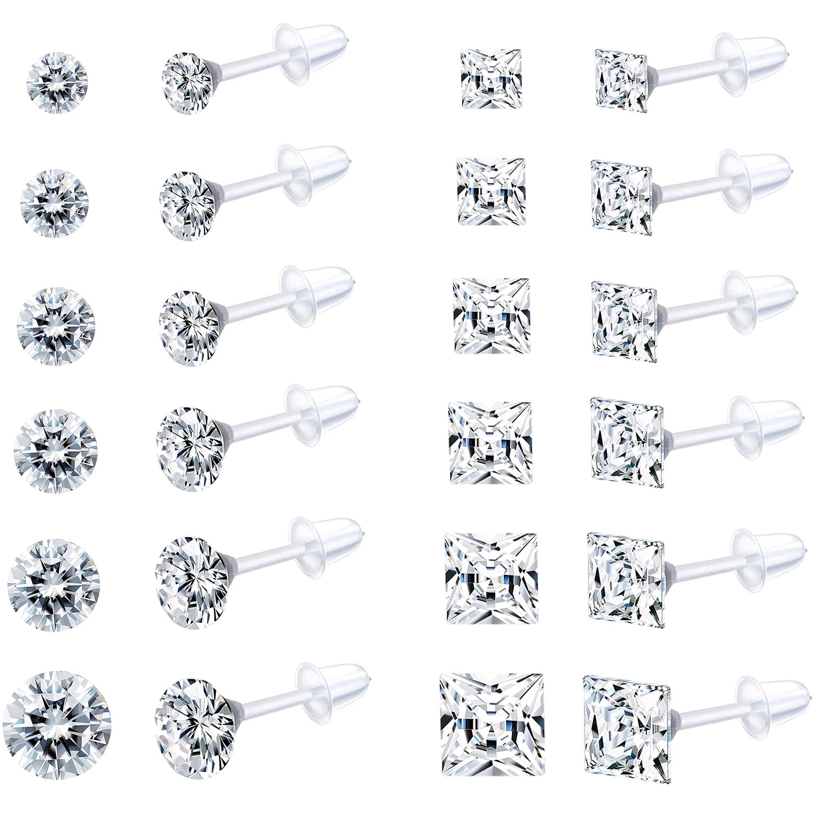 EIELO 12Pairs Clear Plastic CZ Studs Earrings for Women Men Acrylic Post Hypoall