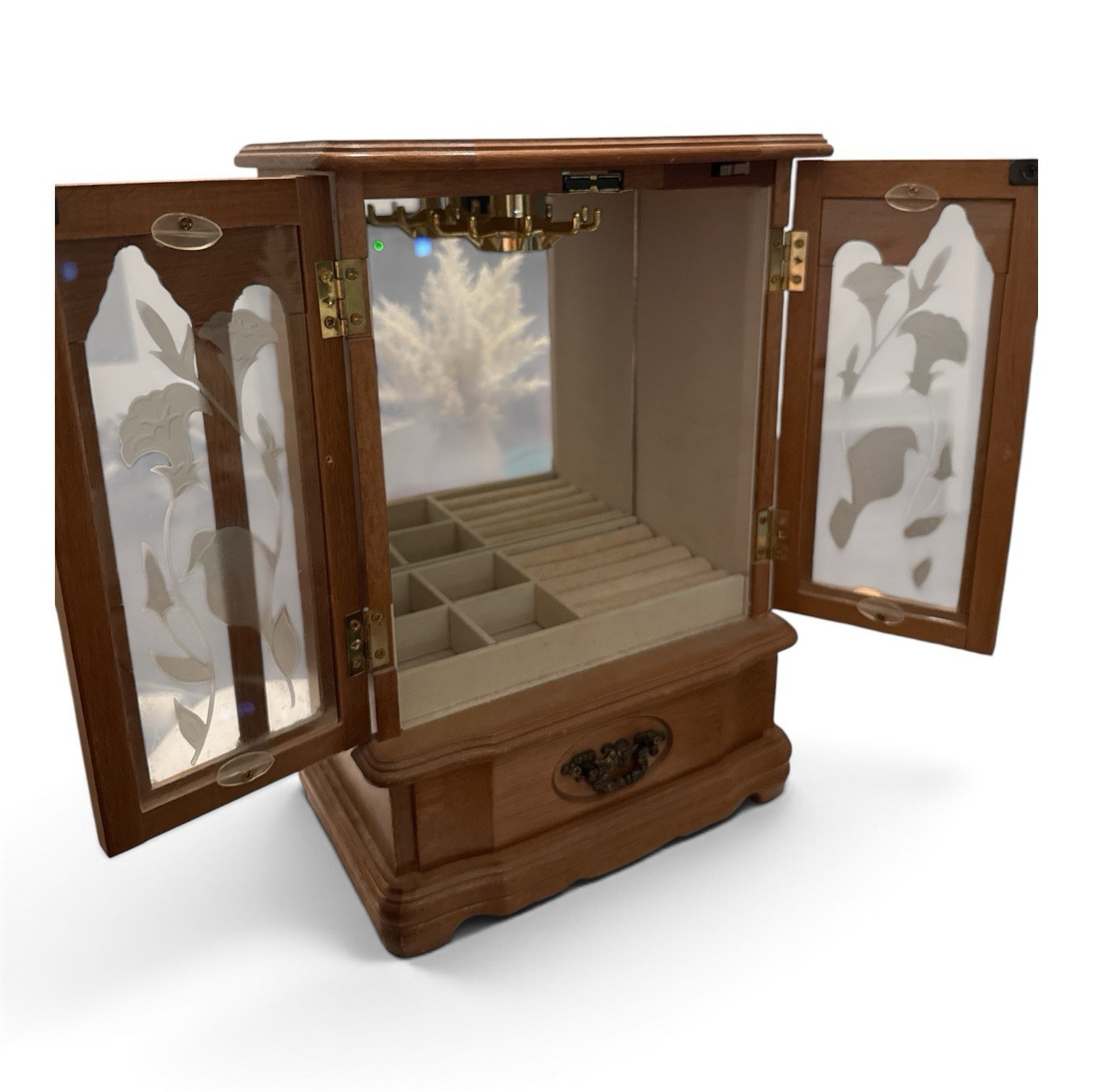 Vintage Wood & Glass Jewelry Box Cabinet w/ doors Mirror, Velvet Lined Drawer