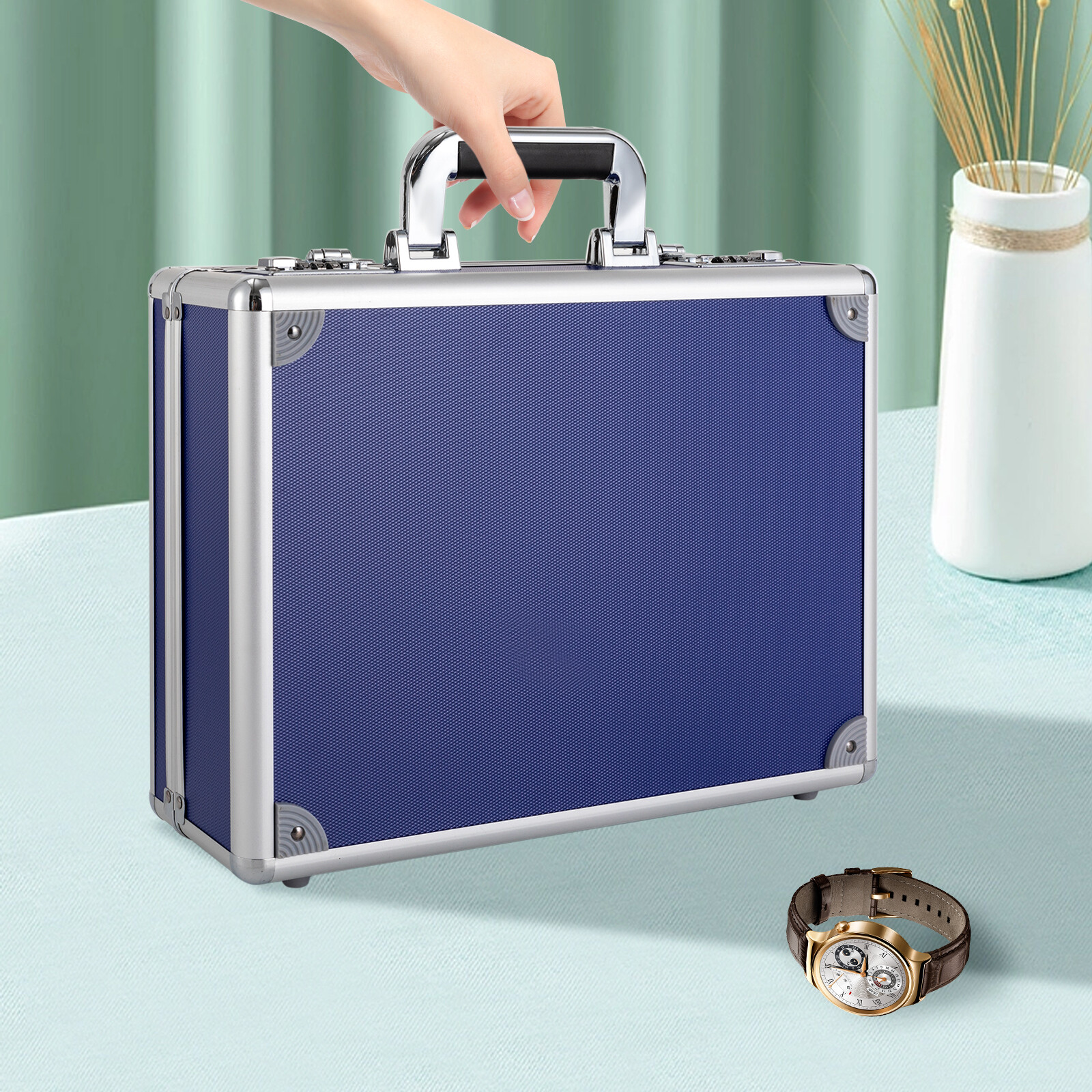 Blue 18-Slot Locking Watch Storage Case – Aluminum Alloy & ABS Briefcase