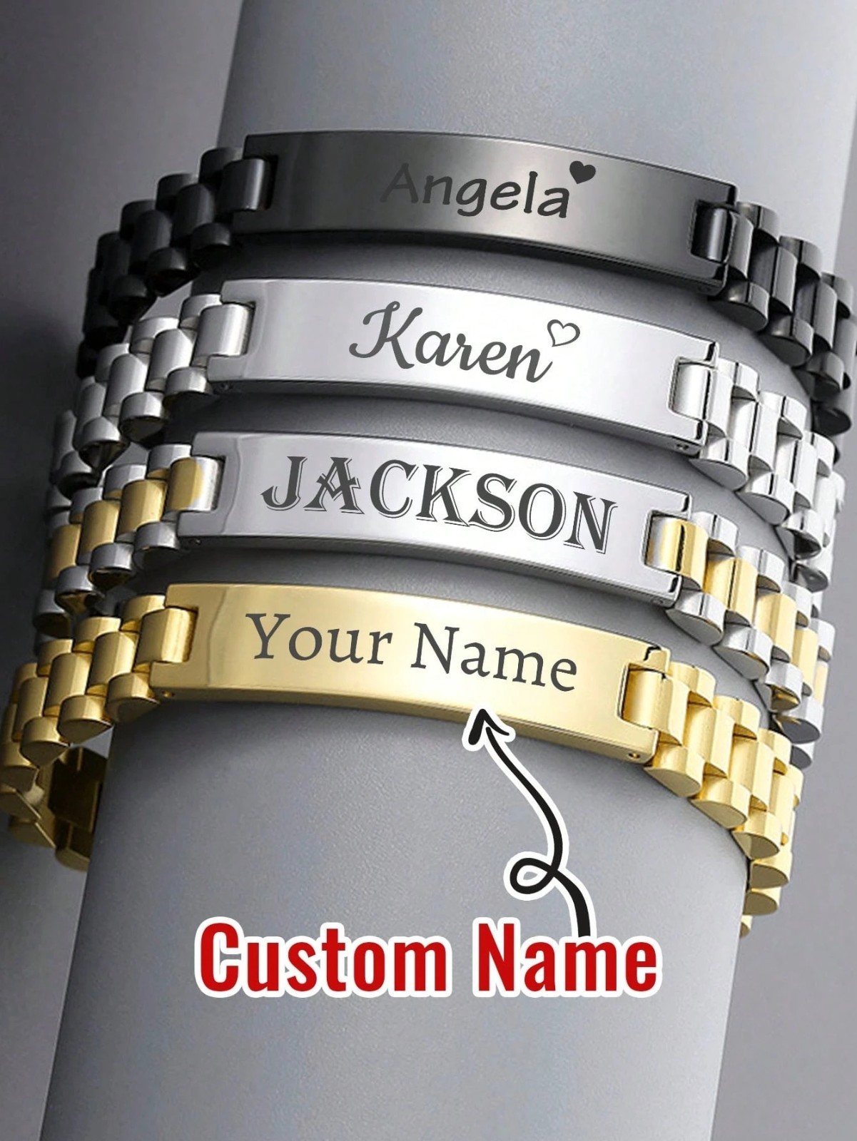 Custom Engraved Name Bracelet Jewelry Men Stainless Steel Gold Black Silver Gift