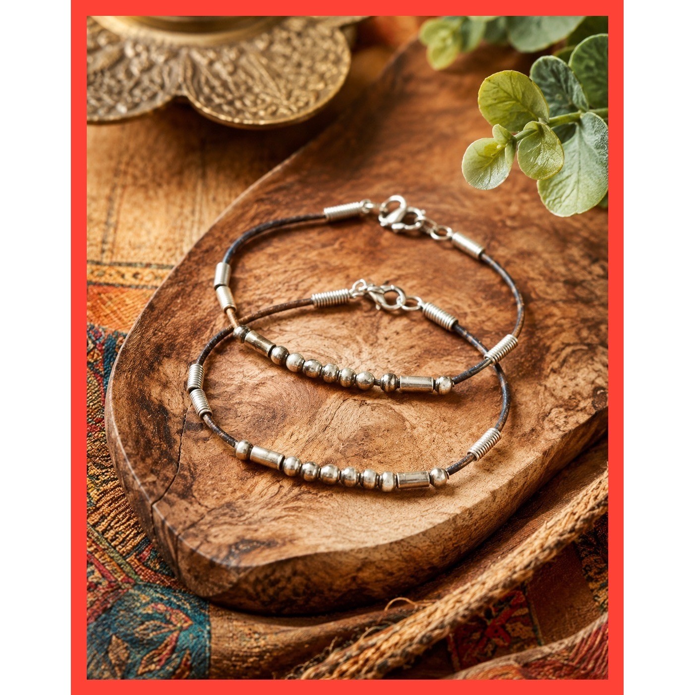 Vintage Indian Metal & Leather Bracelets Set of 2 | Handmade Boho Ethnic India