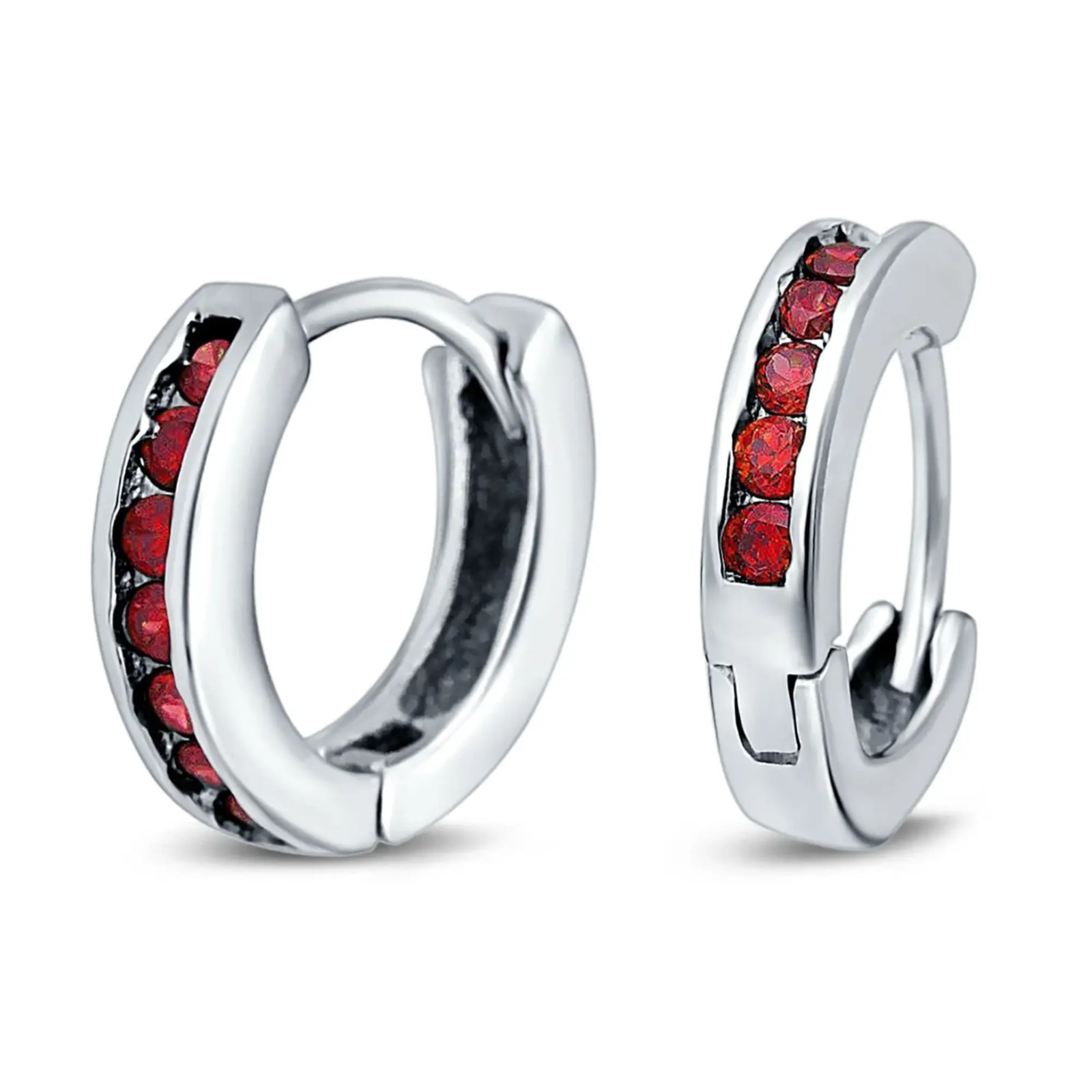 Genuine Ruby Huggie Hoop Channel Set Earrings in Solid Sterling Silver