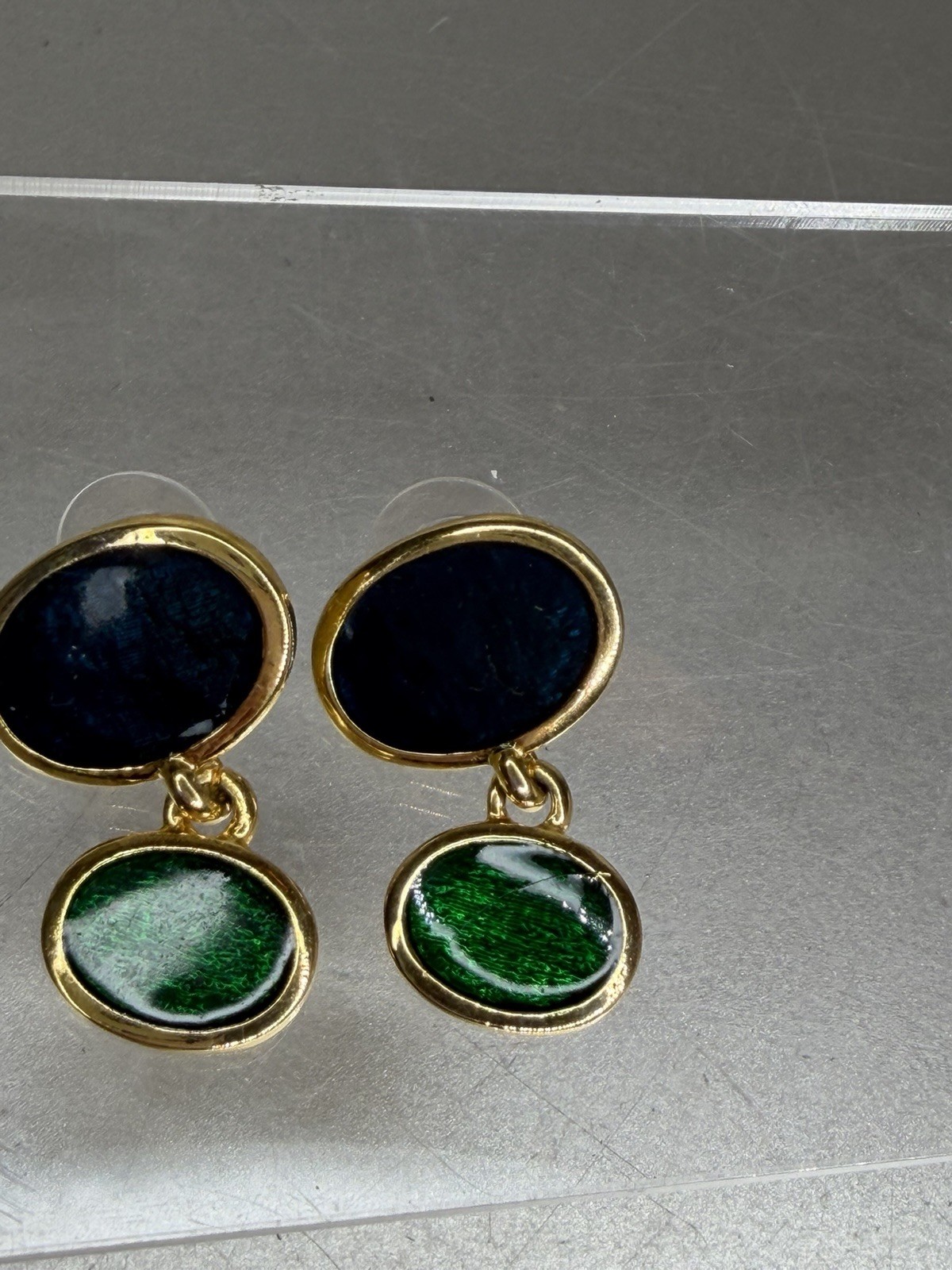 Earrings Dangle Drop Blue Green Gold Minimalist Glam