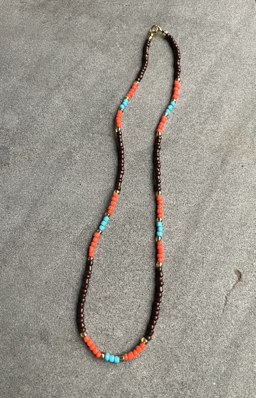 Conflicted- Brown/orange/teal/golden Handmade glass seed bead necklace 23”