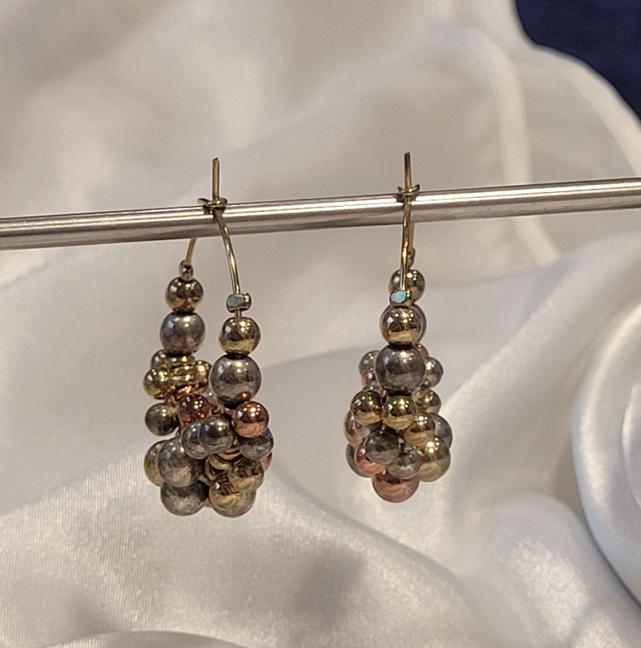 Wire Hoop Earrings Goldtone with Mixed Metal Balls 1.25 Inch