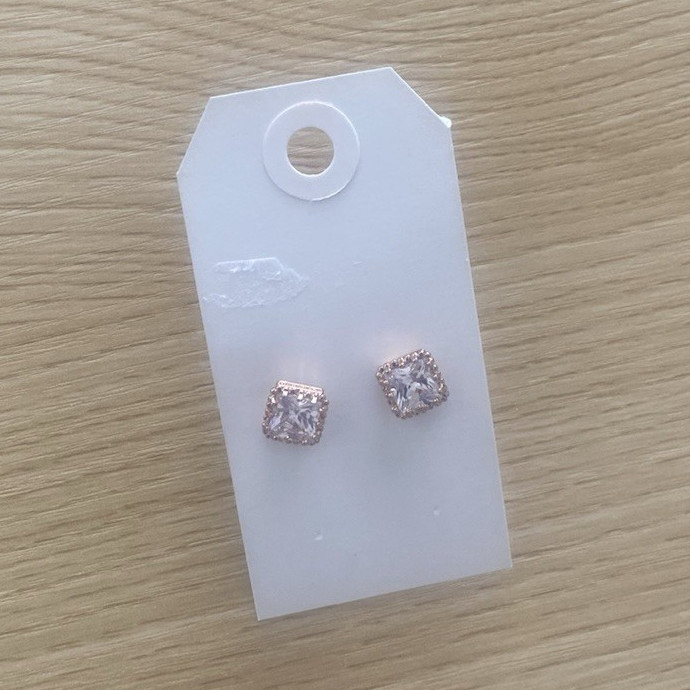 Gold Tone Metal Square Clear Stone Stud Earrings, Butterfly Back Closure
