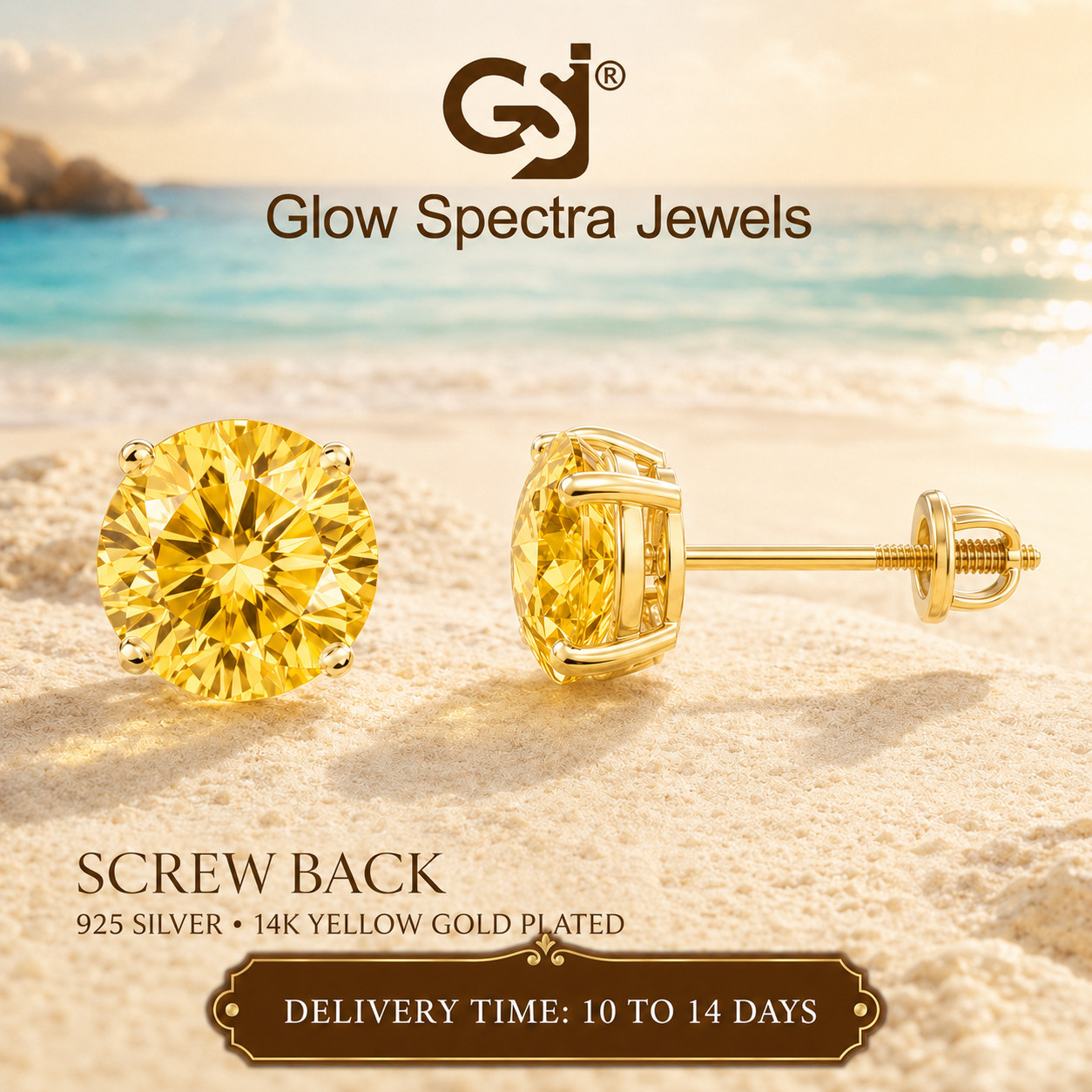 2CT Solitaire Yellow Diamond Stud Erring Screw Back 14k Yellow Gold Plated