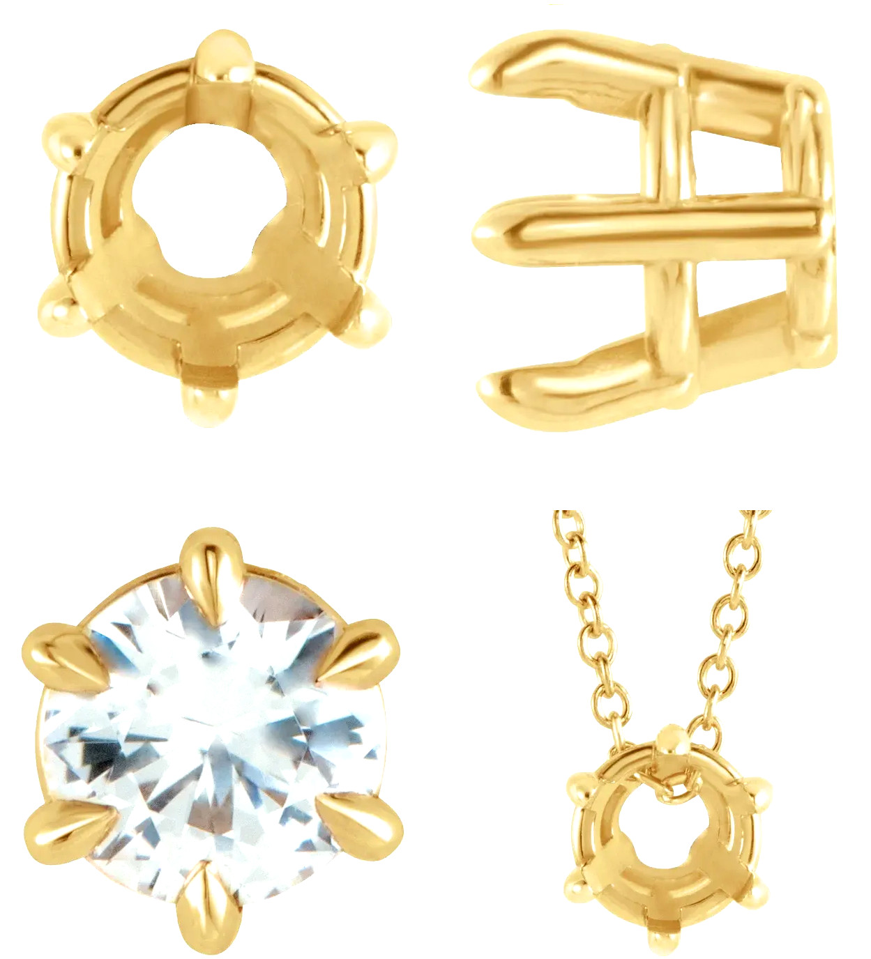 14K Solid Yellow Gold Slide Pendant Setting Round Solitaire 6 Prong 4mm-6.5mm