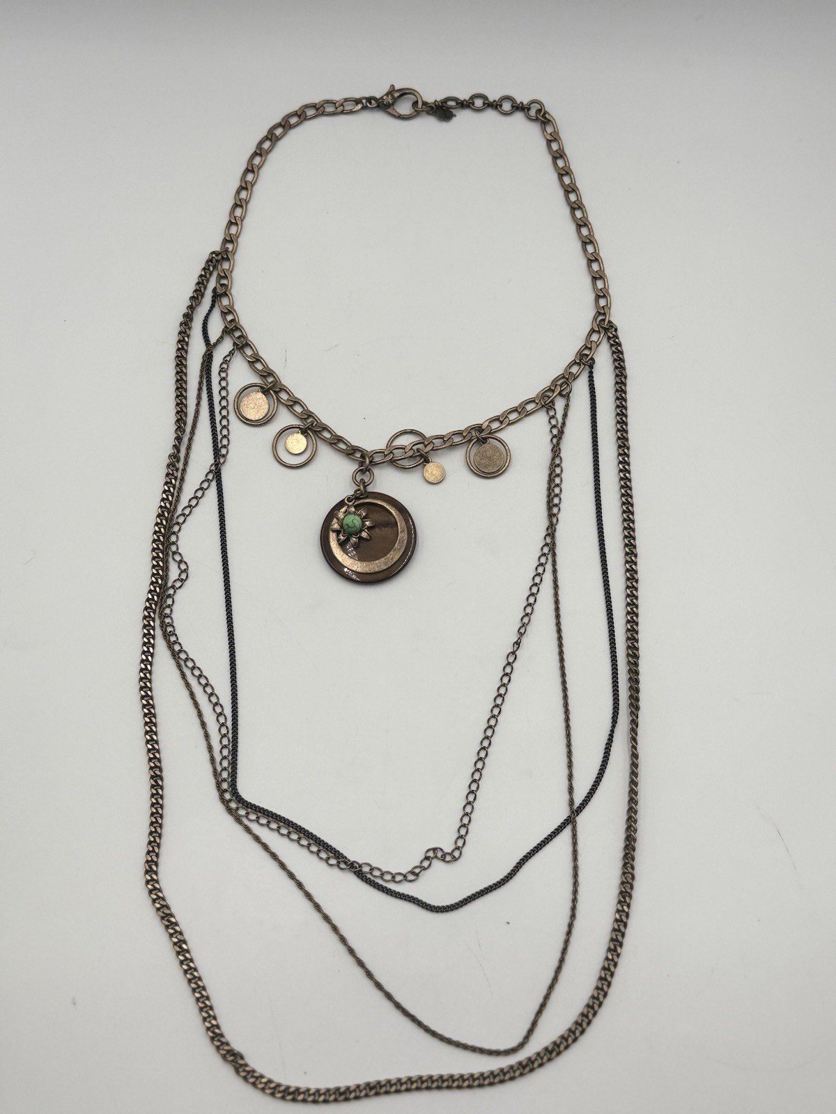 Lucky Brand Layered Boho Coin Charm Statement Necklace Bronze Turquoise Tone