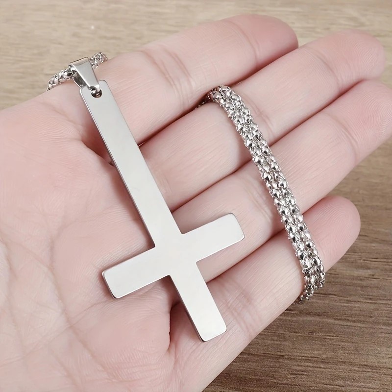 Silver Saint Peter’s Cross Necklace Inverted Stainless Steel Pendant Punk Goth