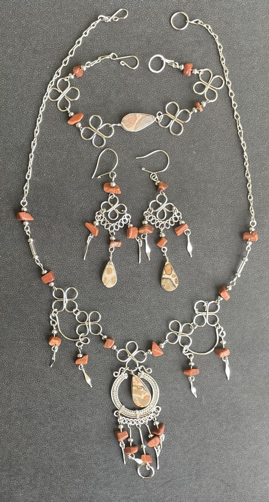 Peruvian LeoparditeSemi-Precious Stone Necklace Long Earrings Bracelet Set Peru