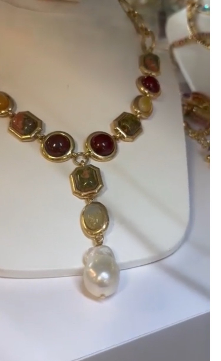 Camila Coelho multi-color Semi precious Stones w Freshwater Pearl charm necklace