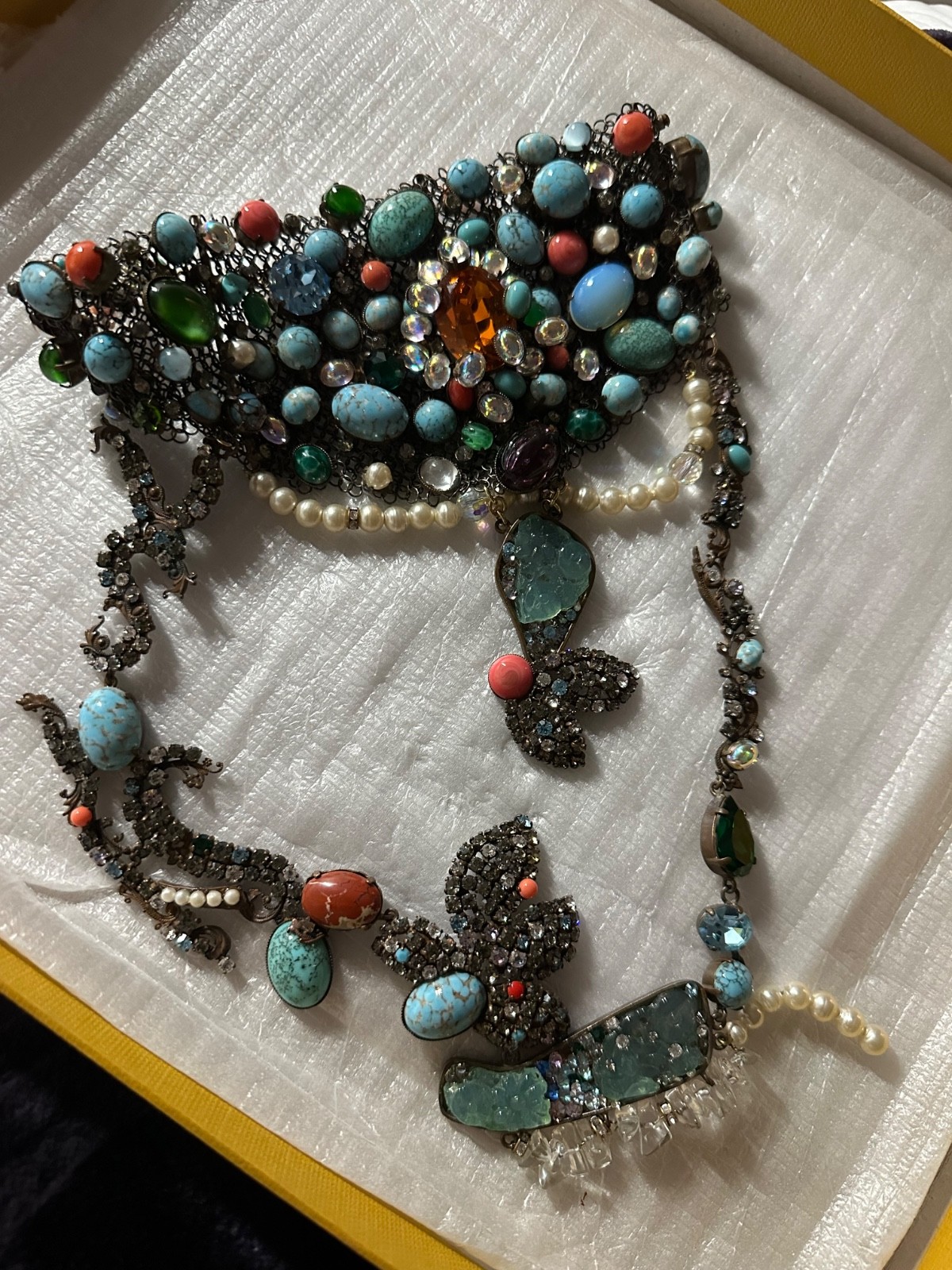 Couture 1980s Multi-Stone Chainmail Bib Necklace Turquoise Crystal Pearl
