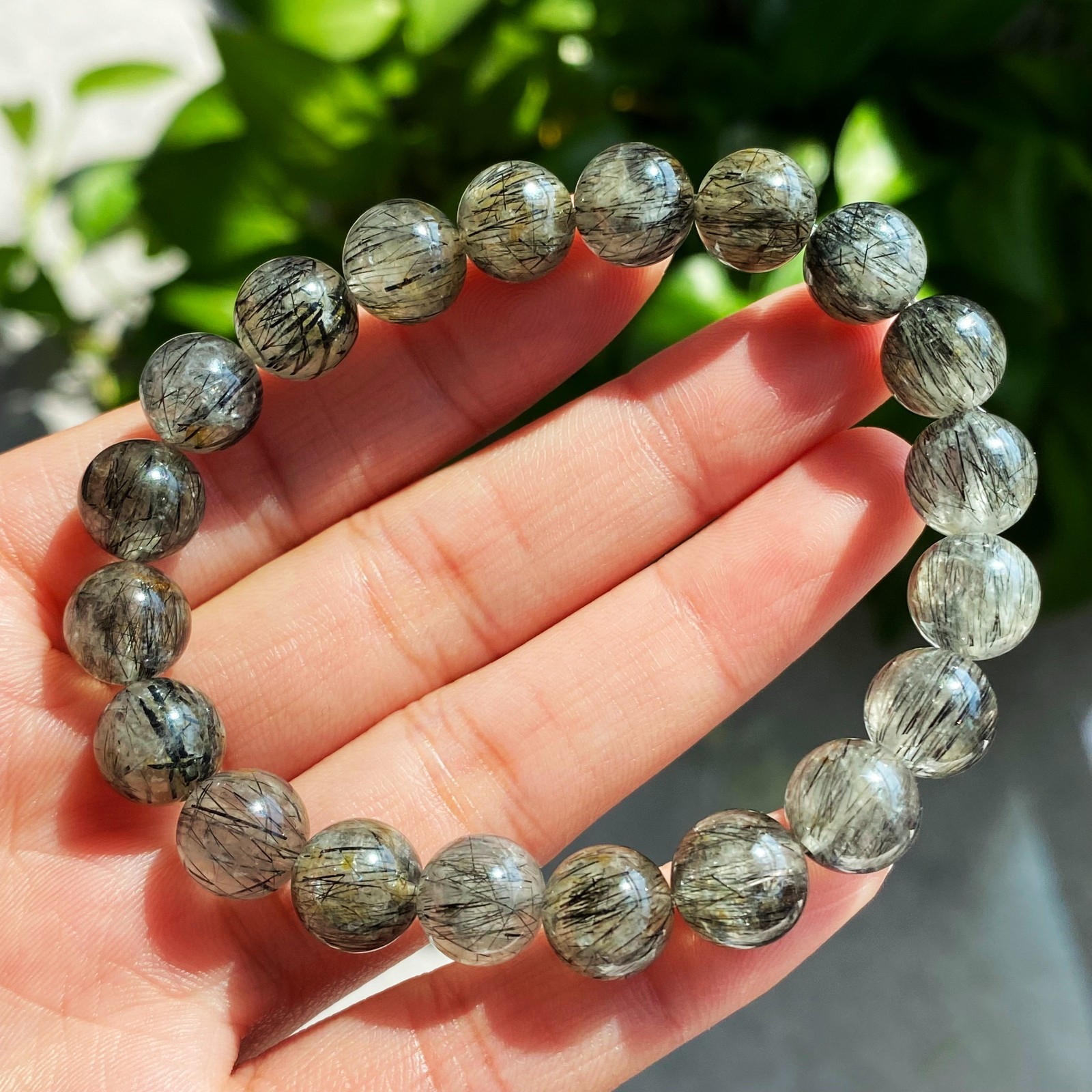 9mm Natural Black Rutilated Quartz Crystal Beads Bracelet 2342