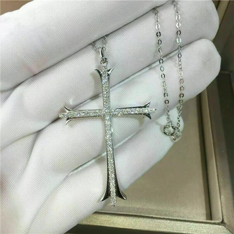 1.00Ct Round Cut VVS1 Diamond Cross Pendant 14K White Gold Finish Free Chain