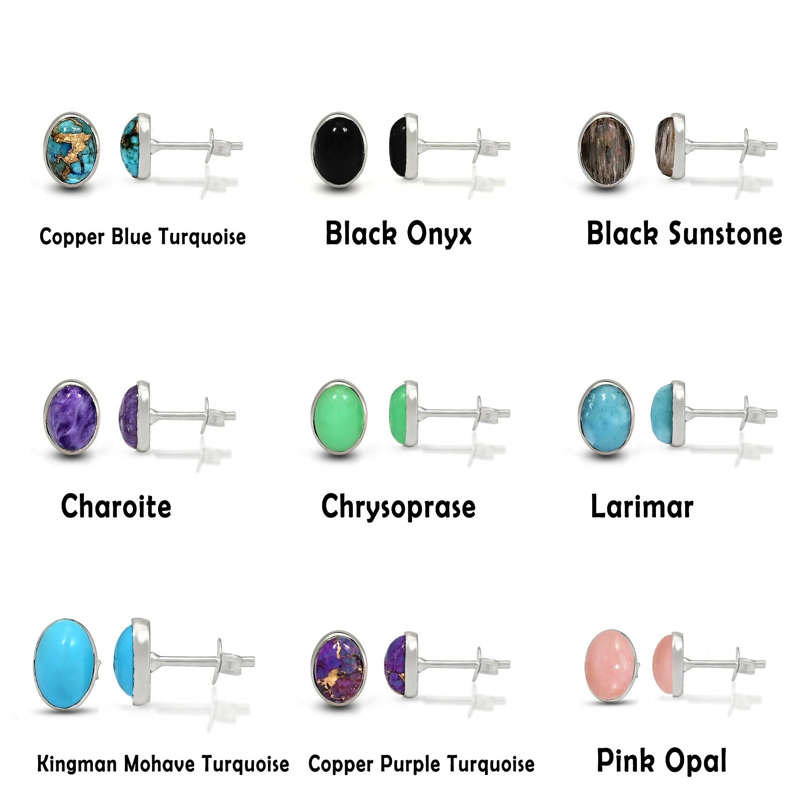 Larimar Labradorite Amethyst Sunstone Charoite 925 Sterling Silver Stud Earrings